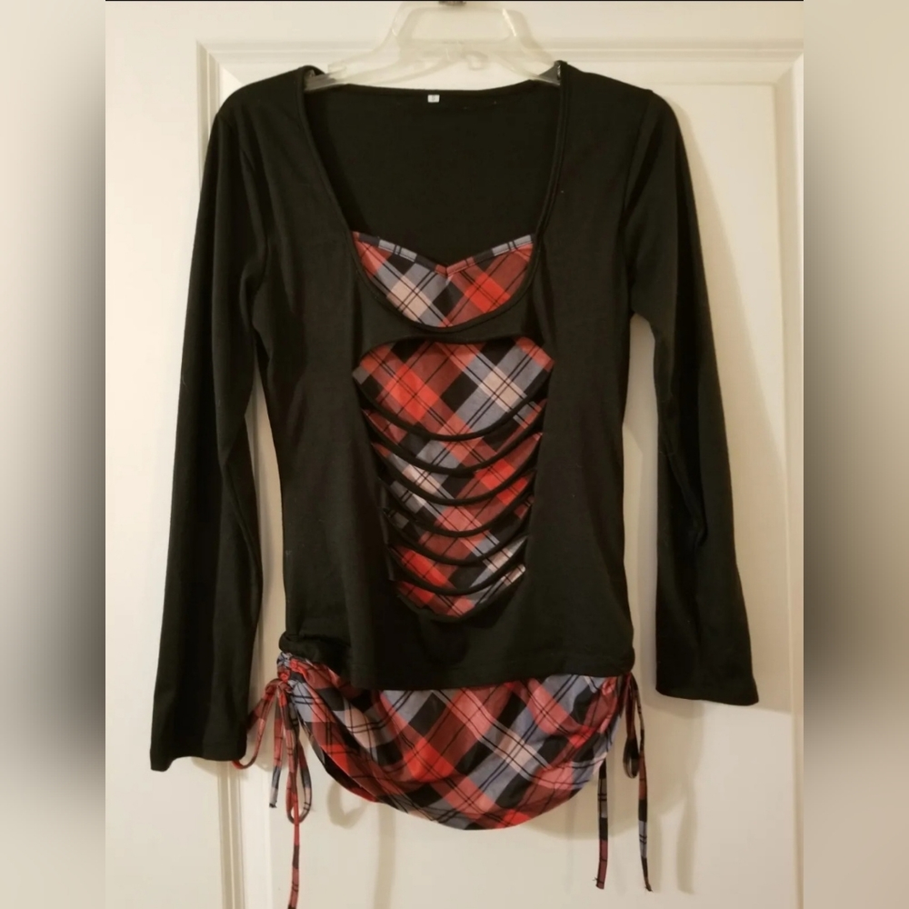 Black and Red Plaid Adjustable Ruched Top With Cutouts, S